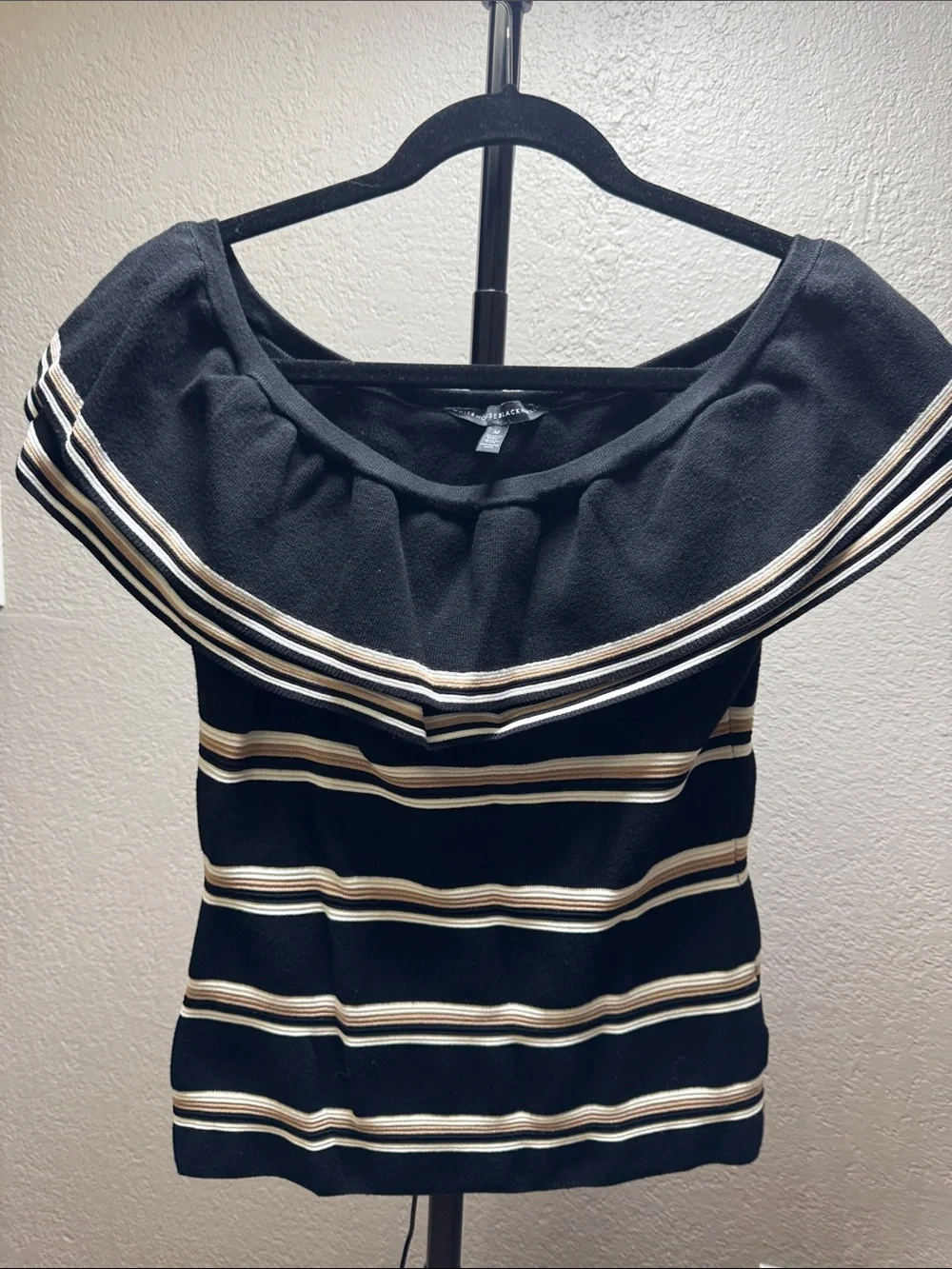 White House Black Market Black Knit Top with Cream & Tan Stripes